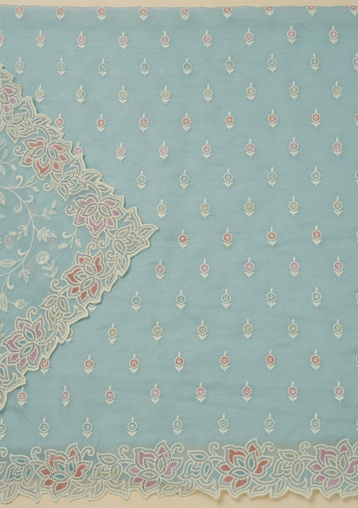 Sky Blue Threadwork Organza Unstitched Salwar Suit