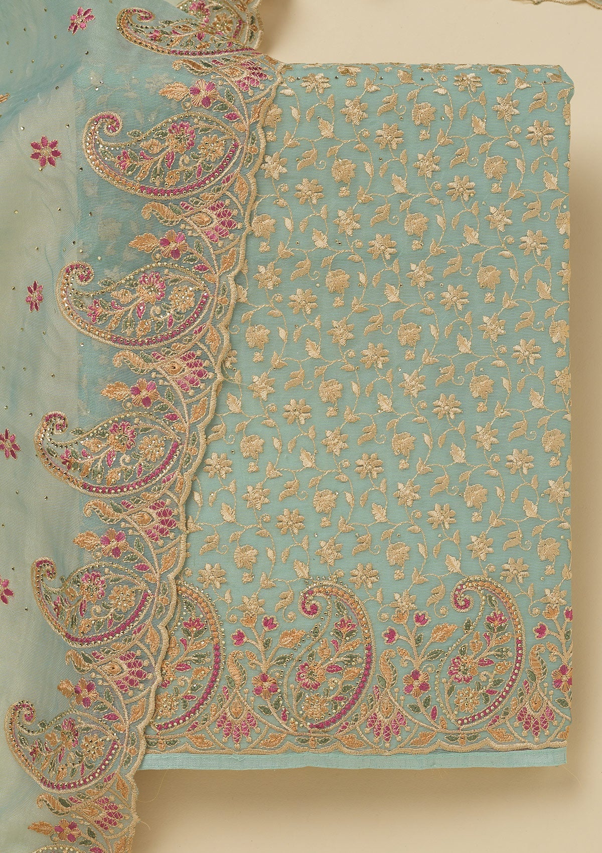 Sky Blue Threadwork Organza Unstitched Salwar Suit