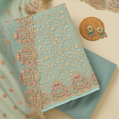 Sky Blue Threadwork Organza Unstitched Salwar Suit