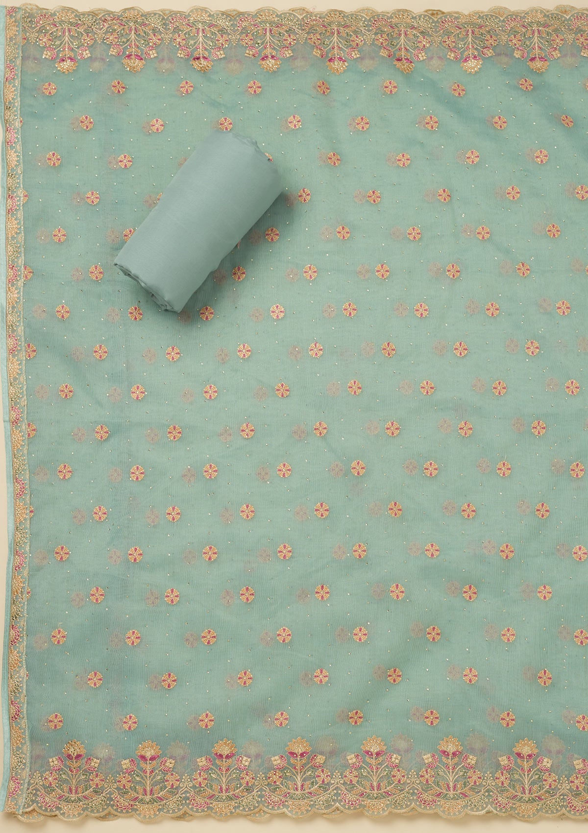 Sky Blue Threadwork Organza Unstitched Salwar Suit