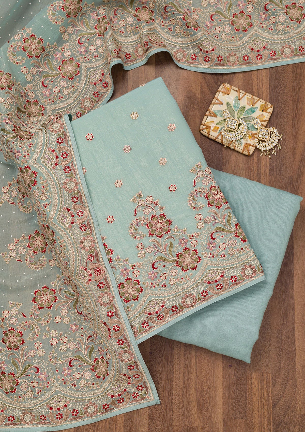 Sky Blue Threadwork Semi Crepe Unstitched Salwar Suit