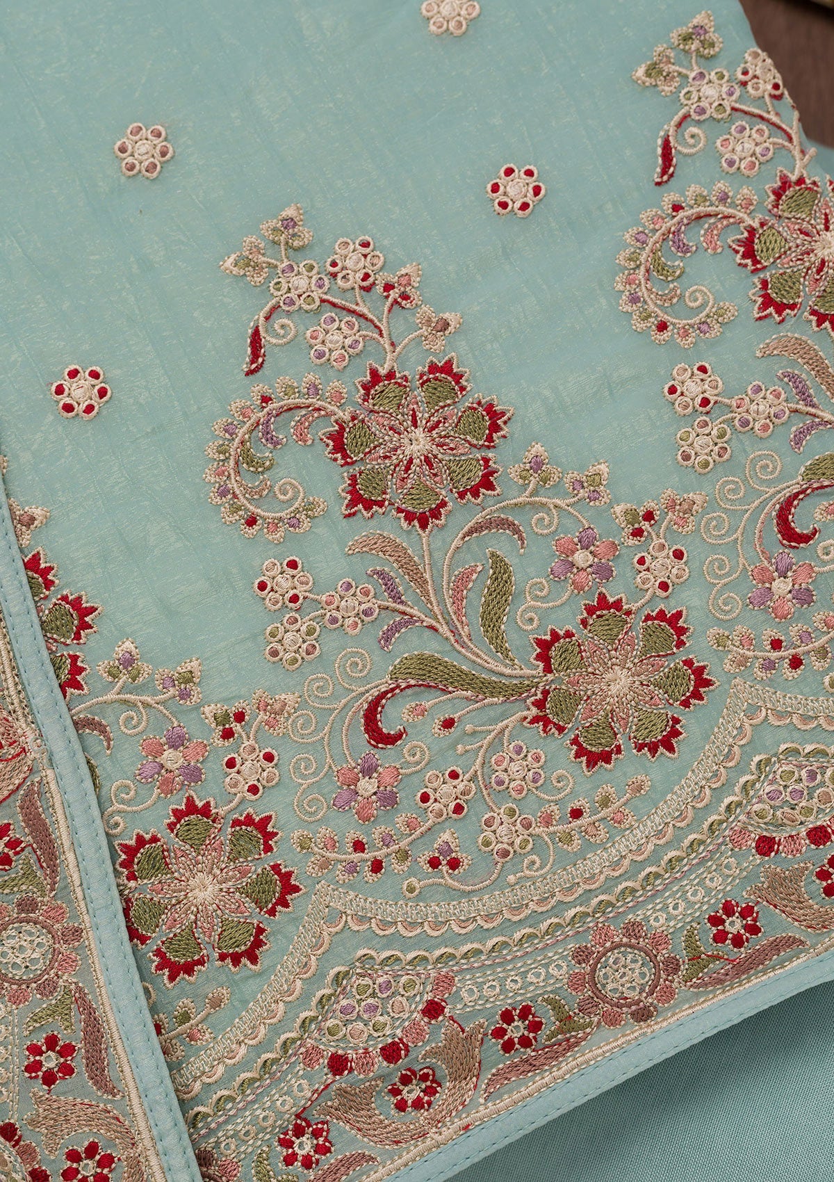 Sky Blue Threadwork Semi Crepe Unstitched Salwar Suit
