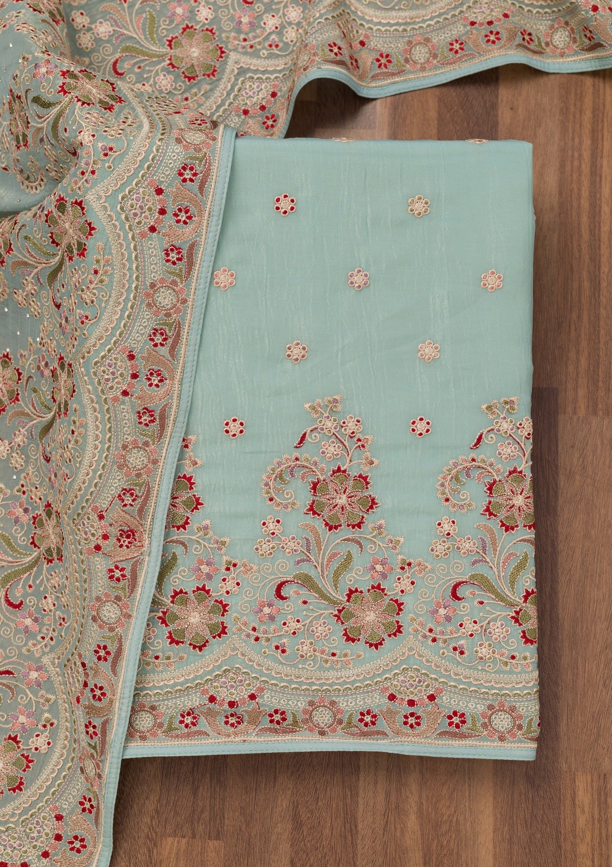 Sky Blue Threadwork Semi Crepe Unstitched Salwar Suit