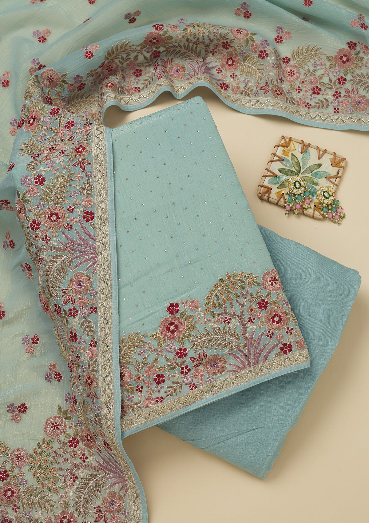 Sky Blue Threadwork Tissue Unstitched Salwar Suit