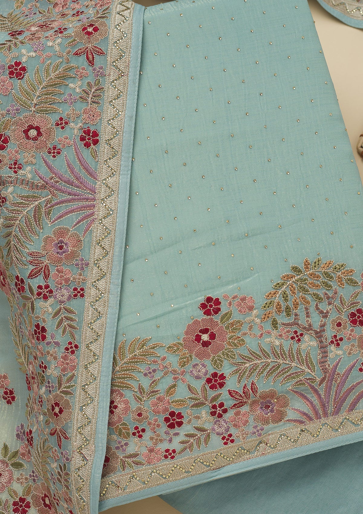 Sky Blue Threadwork Tissue Unstitched Salwar Suit