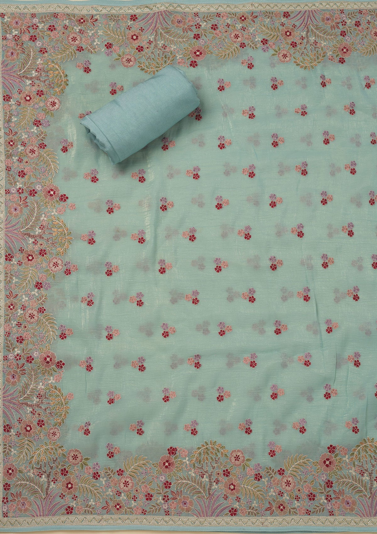 Sky Blue Threadwork Tissue Unstitched Salwar Suit
