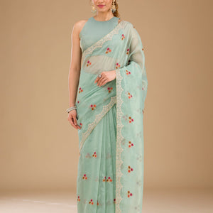 Sky Blue Threadwork Tissue Saree