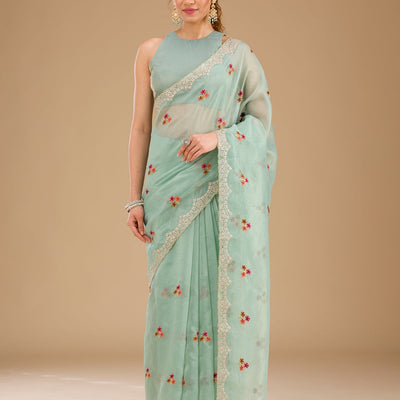Sky Blue Threadwork Tissue Saree
