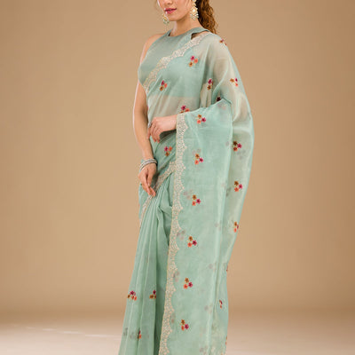 Sky Blue Threadwork Tissue Saree