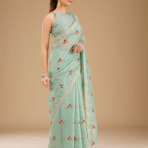 Sky Blue Threadwork Tissue Saree