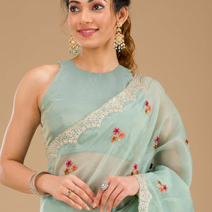 Sky Blue Threadwork Tissue Saree