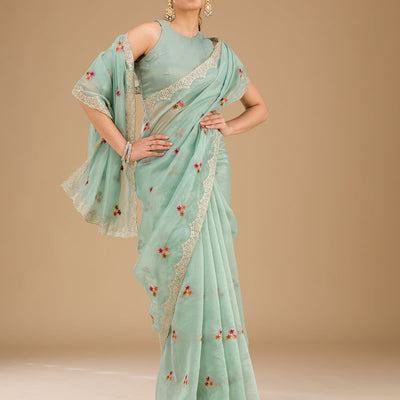 Sky Blue Threadwork Tissue Saree