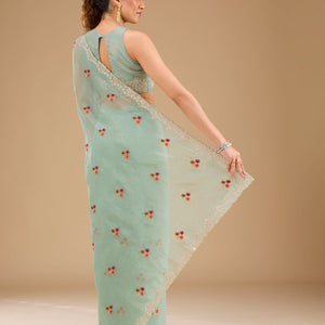 Sky Blue Threadwork Tissue Saree
