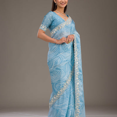 Sky Blue Zariwork Georgette Saree
