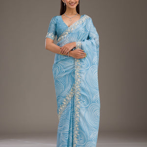 Sky Blue Zariwork Georgette Saree