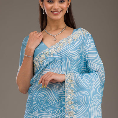 Sky Blue Zariwork Georgette Saree