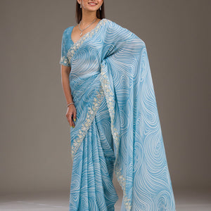 Sky Blue Zariwork Georgette Saree