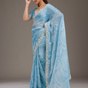 Sky Blue Zariwork Georgette Saree