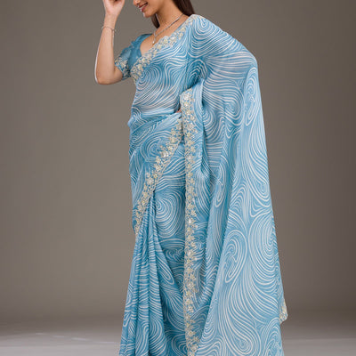 Sky Blue Zariwork Georgette Saree