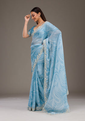 Sky Blue Zariwork Georgette Saree