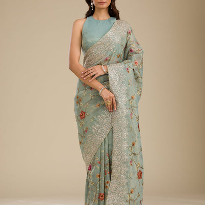Sky Blue Zariwork Tissue Saree