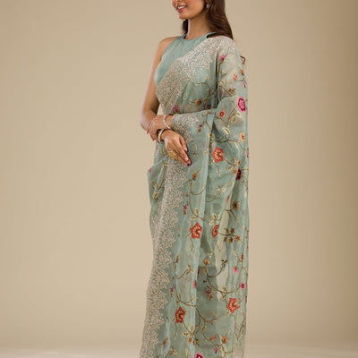 Sky Blue Zariwork Tissue Saree