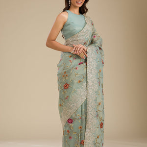 Sky Blue Zariwork Tissue Saree