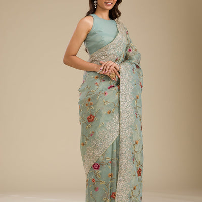Sky Blue Zariwork Tissue Saree