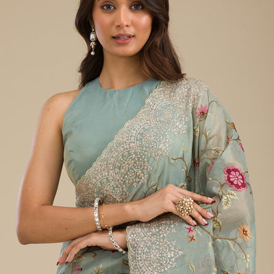 Sky Blue Zariwork Tissue Saree