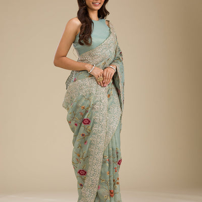 Sky Blue Zariwork Tissue Saree