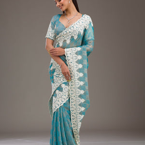 Turquoise Blue Pearlwork Tissue Saree