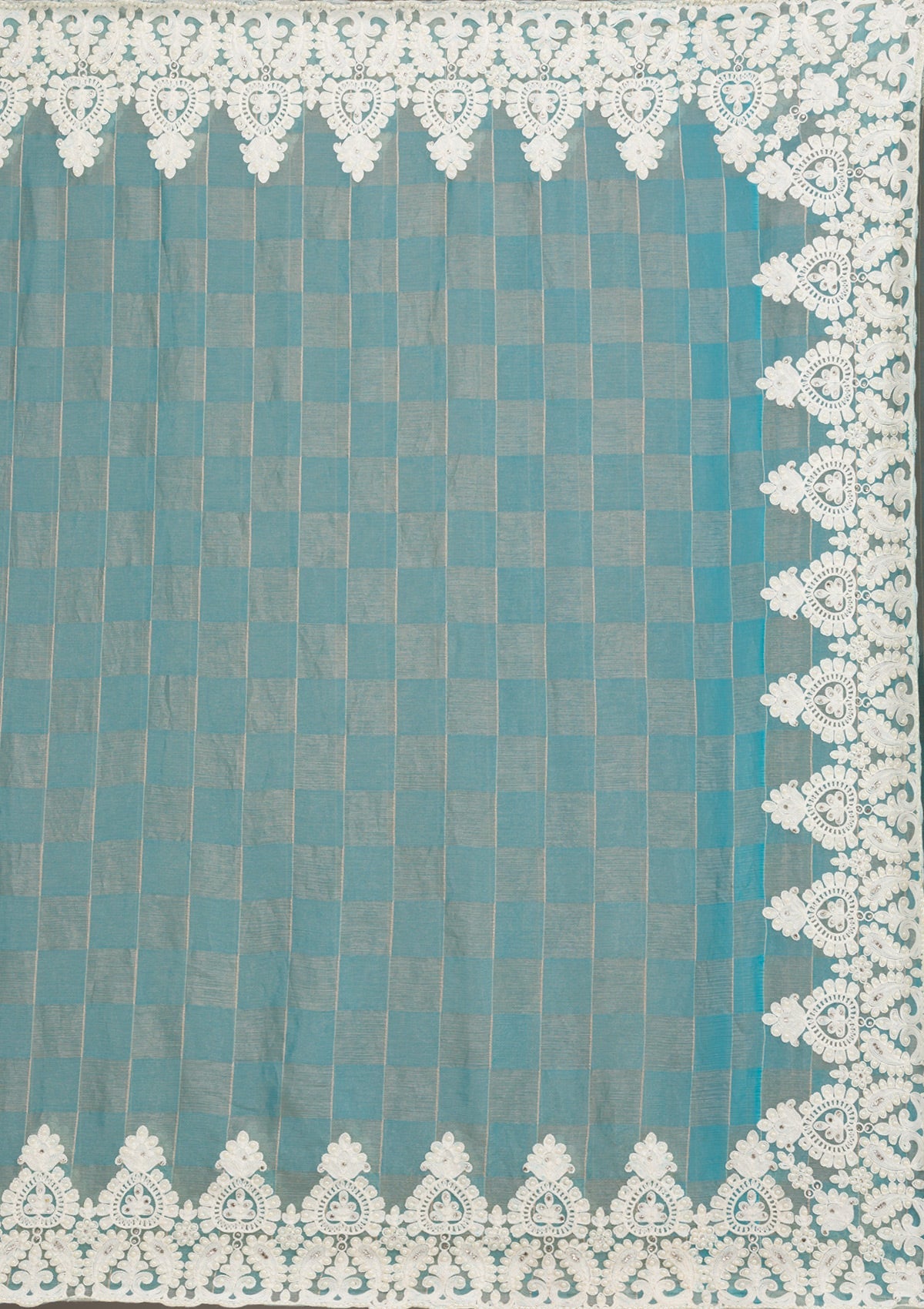 Turquoise Blue Pearlwork Tissue Saree