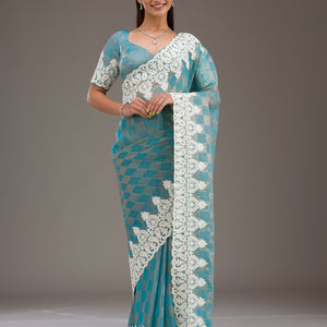 Turquoise Blue Pearlwork Tissue Saree