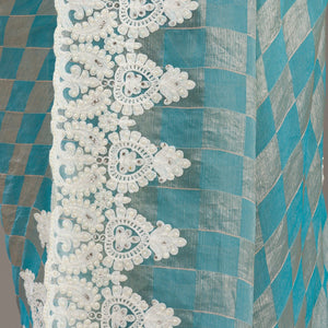 Turquoise Blue Pearlwork Tissue Saree