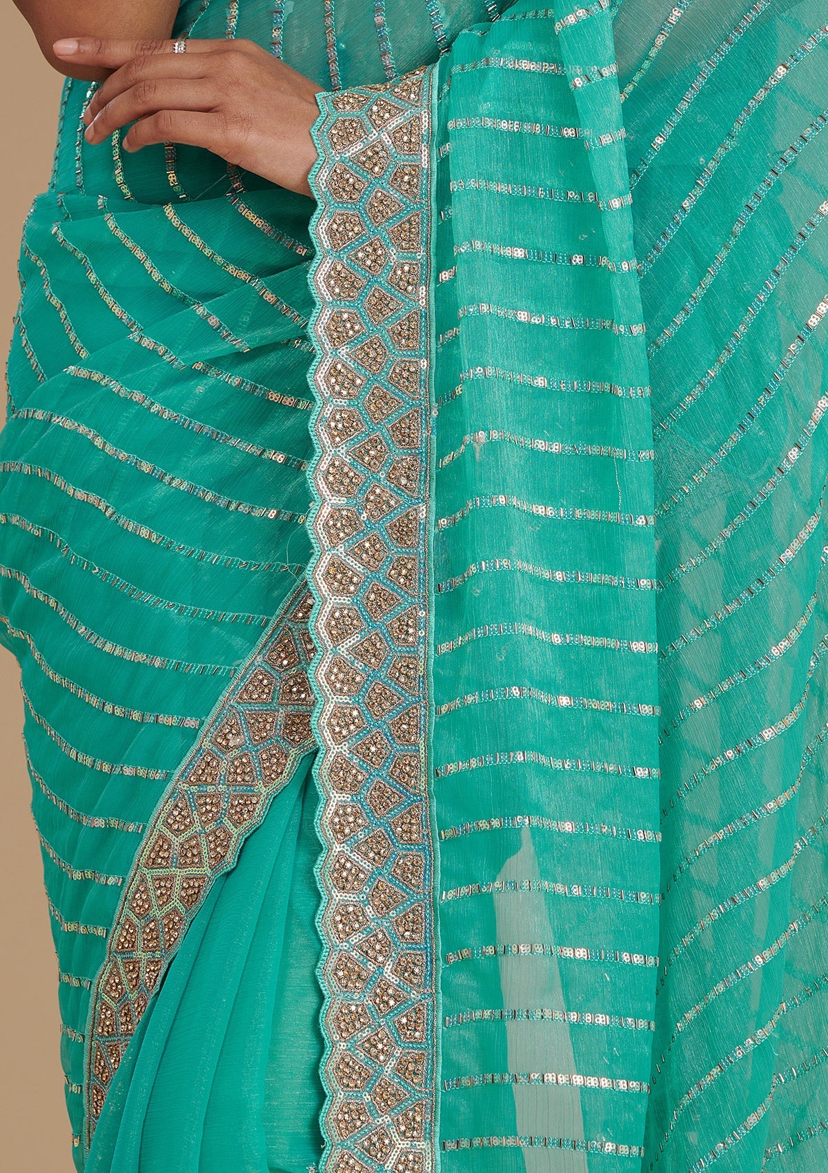 Turquoise Blue Stonework Chiffon Saree