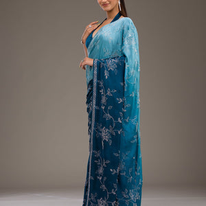 Turquoise Blue Stonework Satin Saree