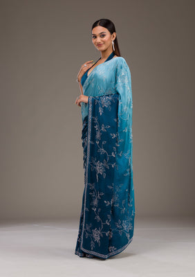 Turquoise Blue Stonework Satin Saree
