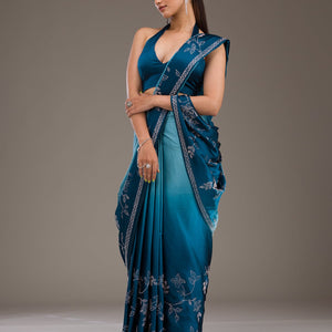 Turquoise Blue Stonework Satin Saree