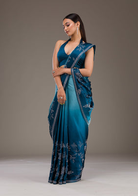 Turquoise Blue Stonework Satin Saree