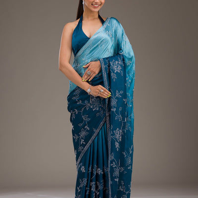 Turquoise Blue Stonework Satin Saree