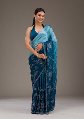 Turquoise Blue Stonework Satin Saree