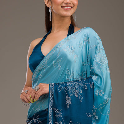 Turquoise Blue Stonework Satin Saree