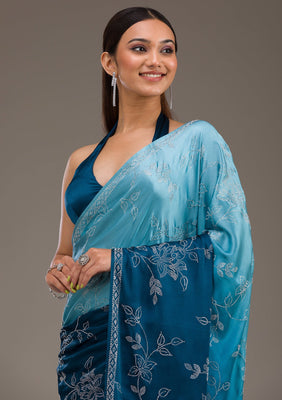 Turquoise Blue Stonework Satin Saree