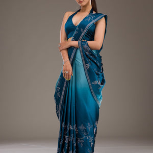 Turquoise Blue Stonework Satin Saree