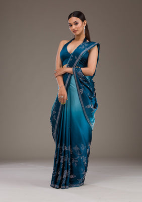 Turquoise Blue Stonework Satin Saree