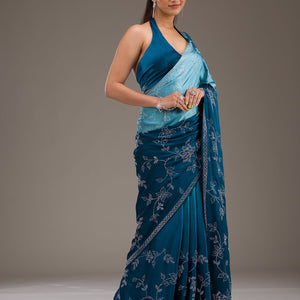 Turquoise Blue Stonework Satin Saree