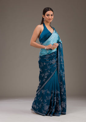 Turquoise Blue Stonework Satin Saree