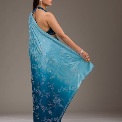 Turquoise Blue Stonework Satin Saree