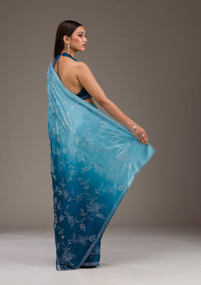 Turquoise Blue Stonework Satin Saree