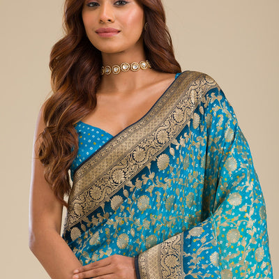 Turquoise Blue Zariwork Georgette Saree